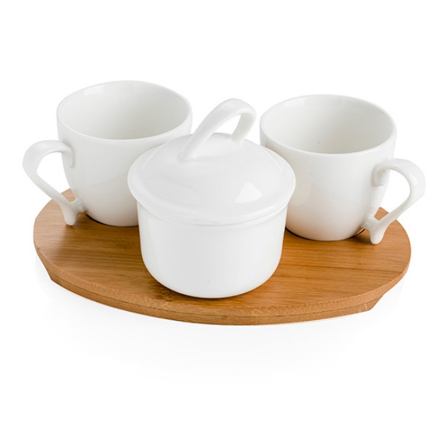 Paniate - Coffee Set 3 Pz Porcellana Bianca con Vassoio Bamboo