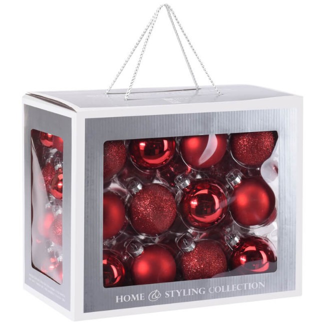 Immagine di Set 60 Sfere in Vetro Rosso Lucido, Opaco, Glitter