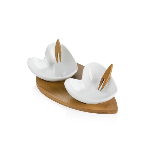 Antipastiera Alhambra Set 3 Pezzi In Porcellana Con Supporto In Bamboo Naturale Brandani