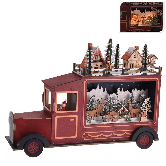Immagine di Scenetta Natalizia con LED su Camion Rosso in Legno