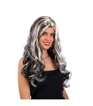 Immagine di Parrucca nera con meches bianche capelli lunghi e mossi