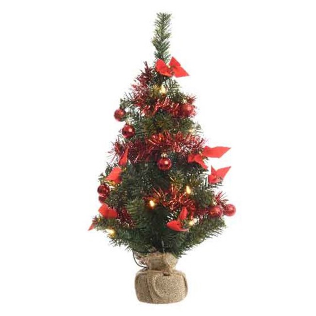 Mini Albero di Natale con Sacco in Juta e Decorazioni Rosse 60 cm
