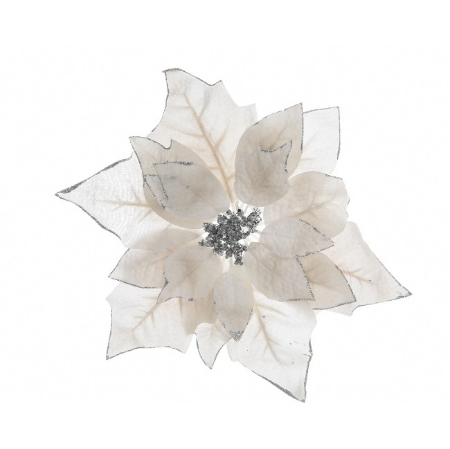 Immagine di Addobbo Floreale Poinsetia con Clip 30cm Bianco/Argento