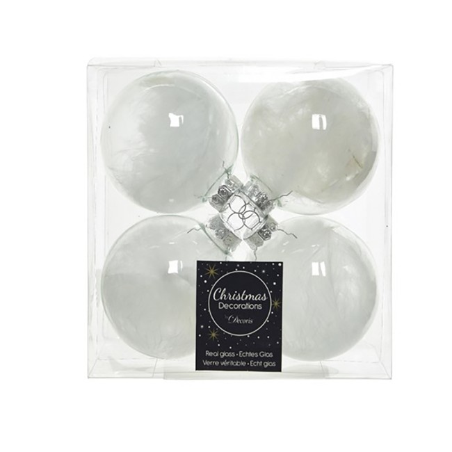 4 Palline Natalizie 70mm in Vetro Trasparenti con Piuma