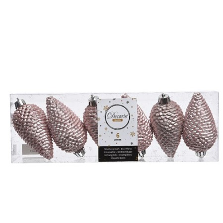 6 Addobbi Natalizi Pigne 80mm Infrangibili Rosa Cipria