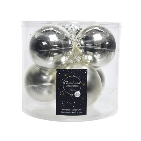 6 Palline Natalizie 80mm in Vetro Argento