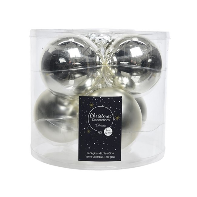 6 Palline Natalizie 80mm in Vetro Argento