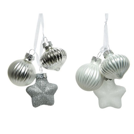 3 Addobbi Natalizi in Vetro Argento Bianco e Glitter