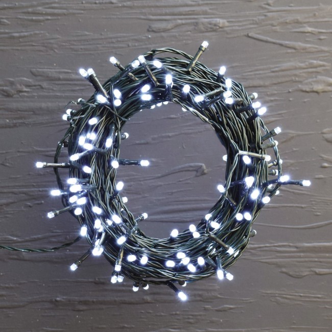 Catena di luci 180 Led 3 mm Bianco Freddo 9 m con Giochi Luce e funzione memoria, IP44, idoneo uso interno/esterno, filo verde