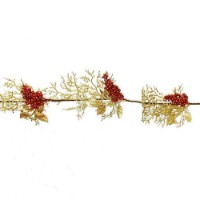 Ghirlanda Natalizia con Foglie Oro e Bacche Rosse 150cm