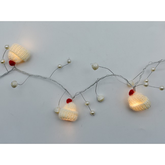 Catena Luminosa con 10 Cappelli Lana Avorio con Perline LED a Batteria Prequ
