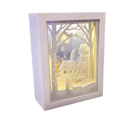 Quadretto Natalizio Bianco Luminoso Carillon e Paesaggio 3D a Batteria Prequ