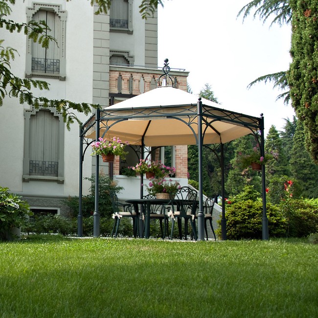 Gazebo Novecento Esagono Unosider in Ferro Struttura Antracite Telo Bianco