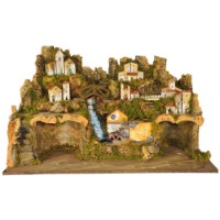 Presepe tradizionale in legno sughero e muschio con luci e mulino ad acqua con pompa 80x50x50 cm