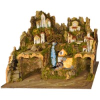 Presepe tradizionale in legno sughero e muschio con luci e mulino ad acqua con pompa 80x50x50 cm