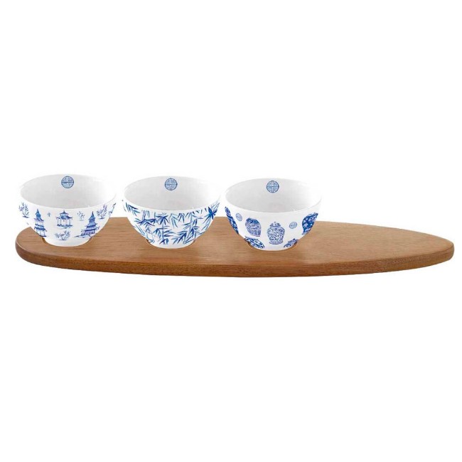 Easy Life Pagoda Set Aperitivo con 3 Ciotole e Vassoio in Acacia Stile Orientale 
