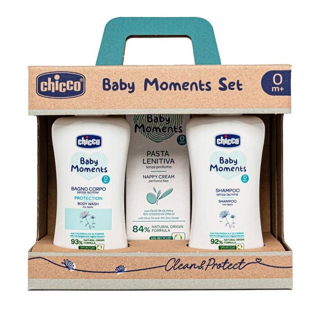 Chicco Baby Moments Set Clean&Protect, Cofanetto Regalo con Bagnoschiuma, Shampoo e Pasta Lenitiva di Chicco