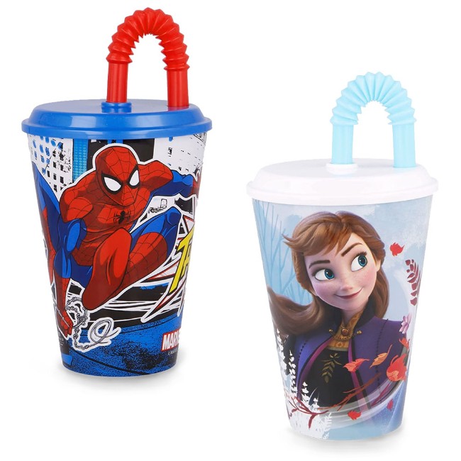 Bicchiere con Cannuccia per Bambino, fantasia Frozen, Spiderman - 430ml