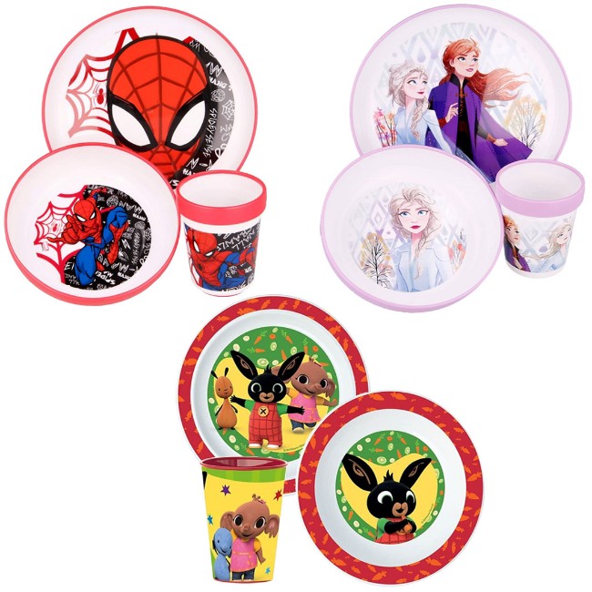 Set Pappa 3pz con Ciotola, Piatto Piano e Bicchiere, fantasia Bing, Spiderman, Frozen di BabyCare
