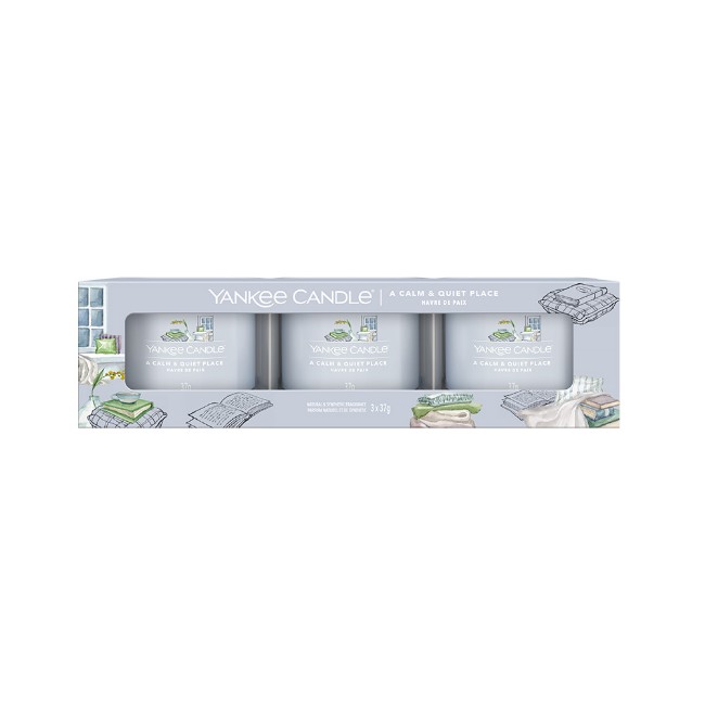 Yankee Candle Signature 3 Candele Votive in Vetro A Calm and Quiet Place 10 Ore cad.