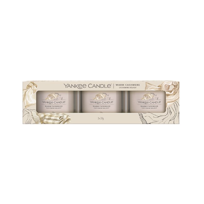 Yankee Candle Signature 3 Candele Votive in Vetro Warm Cashmere 10 Ore cad.