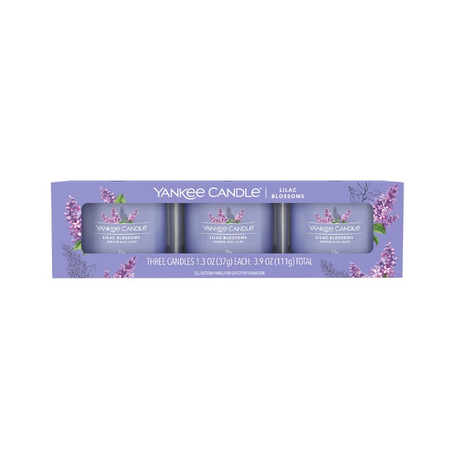 Yankee Candle Signature 3 Candele Votive in Vetro Lilac Blossoms 10 Ore cad.