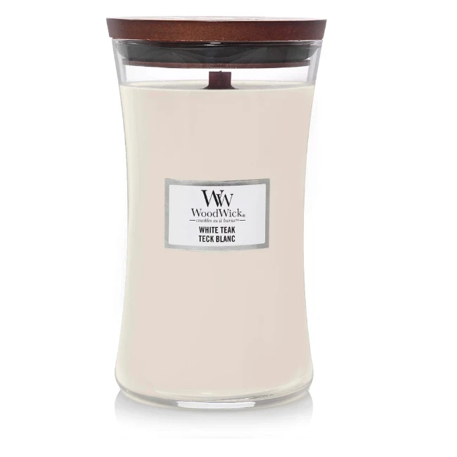 Woodwick Candela Grande con Stoppino Scoppiettante White Teak 130 Ore
