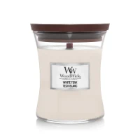 Woodwick Candela Media con Stoppino Scoppiettante  White Teak 60 Ore