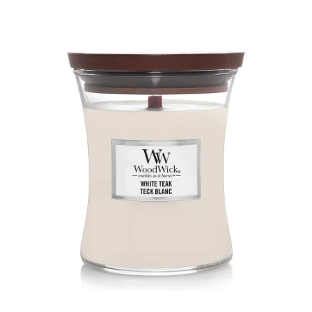 Woodwick Candela Media con Stoppino Scoppiettante  White Teak 60 Ore