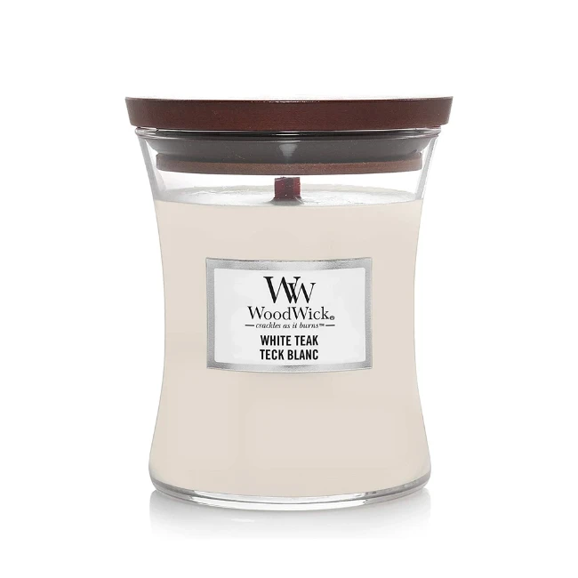 Woodwick Candela Media con Stoppino Scoppiettante  White Teak 60 Ore