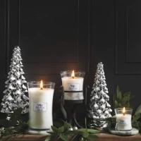 Woodwick Candela Media con Stoppino Scoppiettante  White Teak 60 Ore