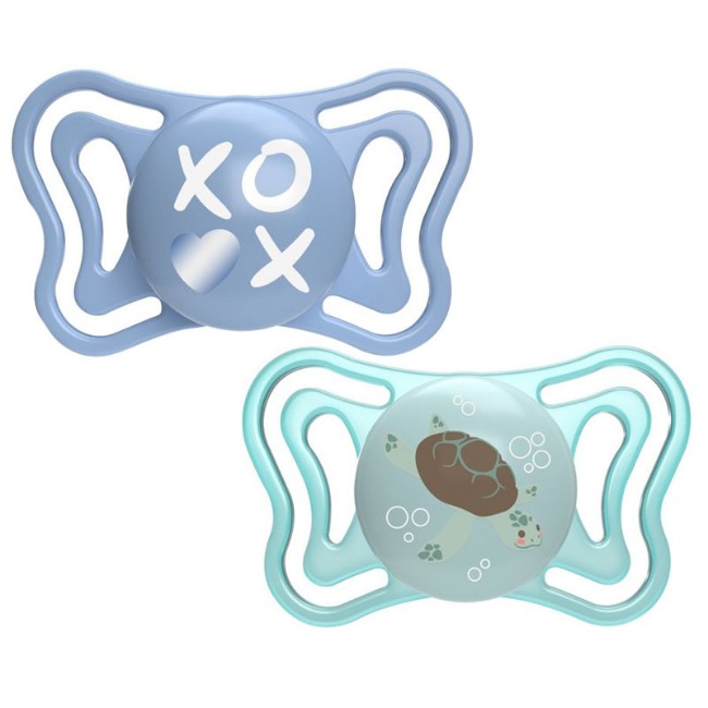 Chicco 2pz Succhietto Micrò in Silicone con Tettina Micro e Scudo ergonomico, 6-16 mesi - Azzurro, Rosa, Lumi