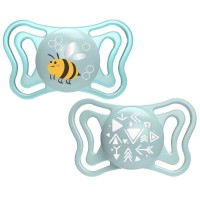 Chicco 2pz Succhietto Micrò in Silicone con Tettina Micro e Scudo ergonomico, 2-6 mesi - Azzurro, Rosa, Lumi