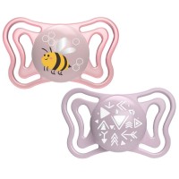 Chicco 2pz Succhietto Micrò in Silicone con Tettina Micro e Scudo ergonomico, 2-6 mesi - Azzurro, Rosa, Lumi