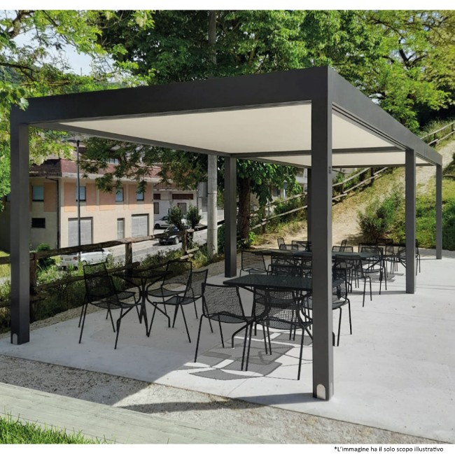 pergola bioclimatica in alluminio eclettica di giulio barbieri 4x3 metri grigio marezzato termoisolata e fonoisolata con grondaie integrate.jpeg 