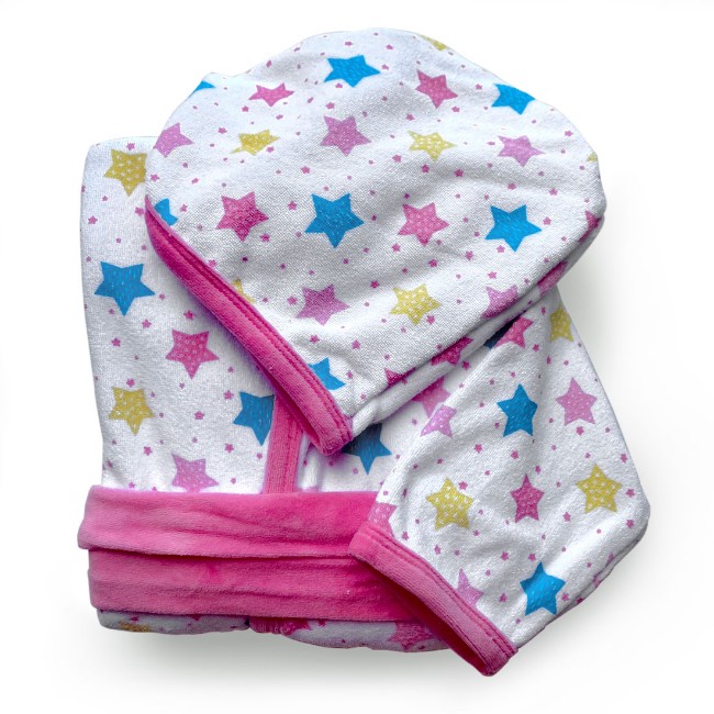 Bebitaly Accappatoio Bambino in Spugna con Maniche Lunghe, fantasia Stelle Bianco e Fuxia