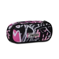 SEVEN Porto Penna Round Plus Scuola - Double Rouge, Nero/rosa, Con Scomparti E Passanti Elastici, 23x10x5,5 Cm