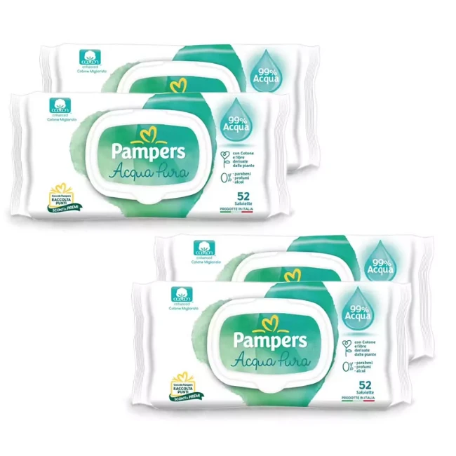 Pampers Salviette Acqua Pura in Cotone e Fibre Vegetali - 52 pz