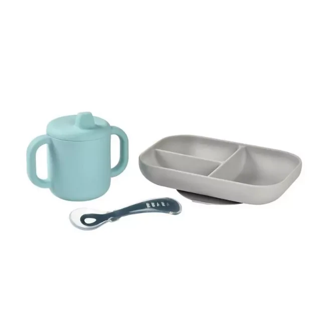 Béaba Set Pappa Apprendimento in Silicone con Piatto, Tazza e Cucchiaio - Azzurro