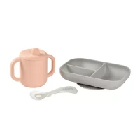 Béaba Set Pappa Apprendimento in Silicone con Piatto, Tazza e Cucchiaio - Rosa
