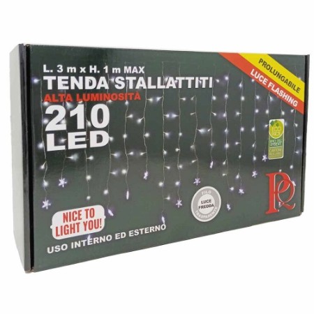 Prequ Tenda Luminosa Stalattiti con Stelline 210 Led con Cavo Trasparente 3 m - Bianco Ghiaccio 