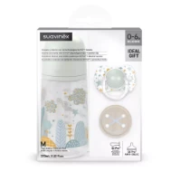 Suavinex Set Nascita Dreams con Biberon 270ml, Ciuccio con Tettina Fisiologica e Portasucchietto - Azzurro