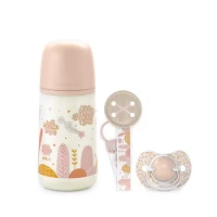 Suavinex Set Nascita Dreams con Biberon 270ml, Ciuccio con Tettina Fisiologica e Portasucchietto - Rosa