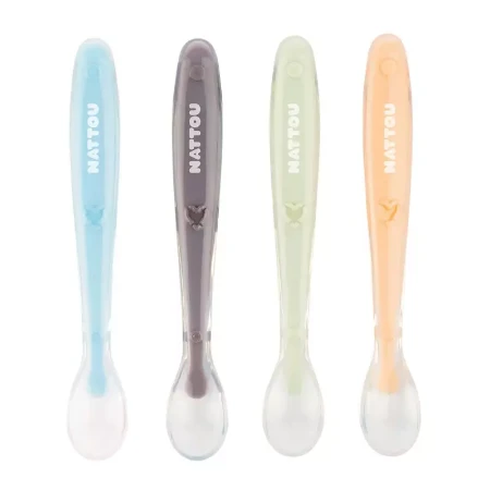 Nattou Set 4 Cucchiai in Silicone per Bambini con Portaposate incluso