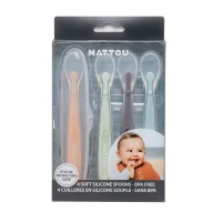 Nattou Set 4 Cucchiai in Silicone per Bambini con Portaposate incluso