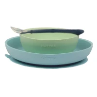 Nattou Set Pappa 3 Stoviglie in Silicone con Piatto, Ciotola e Cucchiaio per Bambino