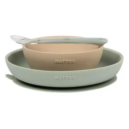 Nattou Set Pappa 3 Stoviglie in Silicone con Piatto, Ciotola e Cucchiaio per Bambino