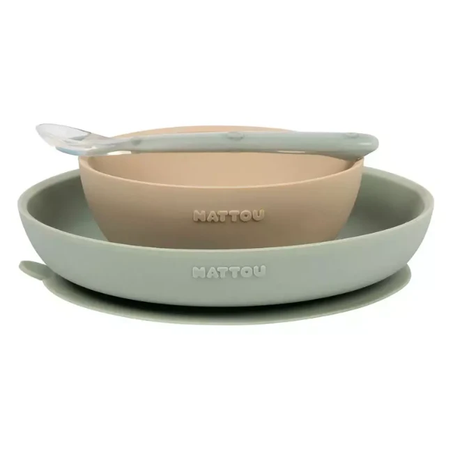Nattou Set Pappa 3 Stoviglie in Silicone con Piatto, Ciotola e Cucchiaio per Bambino