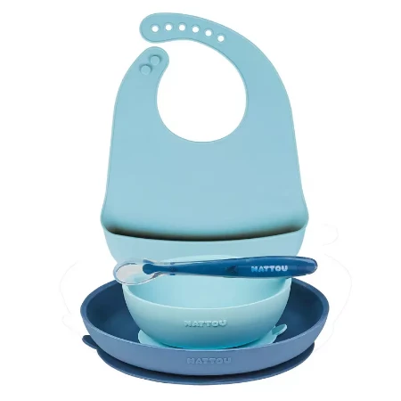Nattou Set 4 Stoviglie con Piatto, Ciotola, Cucchiaio e Bavaglino in Silicone - Blu