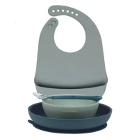 Nattou Set 4 Stoviglie con Piatto, Ciotola, Cucchiaio e Bavaglino in Silicone - Grigio